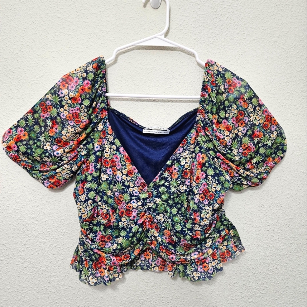 Urban Outfitters XL floral crop top rouched puff sleeve elastic  Y2k Boho
